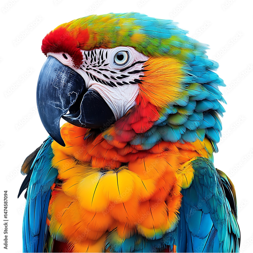 Fototapeta premium Close-up image of a parrot's head, showcasing its bright, vibrant plumage. The bird's eye and beak are clearly visible.