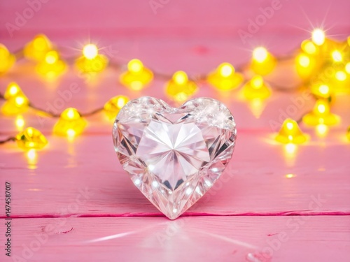 Radiant Heart-Shaped Diamond on Wooden Surface with Twinkling Lights - Stock Photo