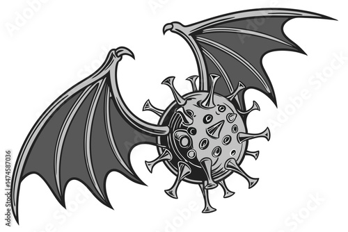 57 detailed digital illustration of a winged coronavirus, highly detailed, rendered in a dark, gothic style, cinematic lighting, intricate exoskeleton, organic textures, twisted, menacing, 4K, hyper-r