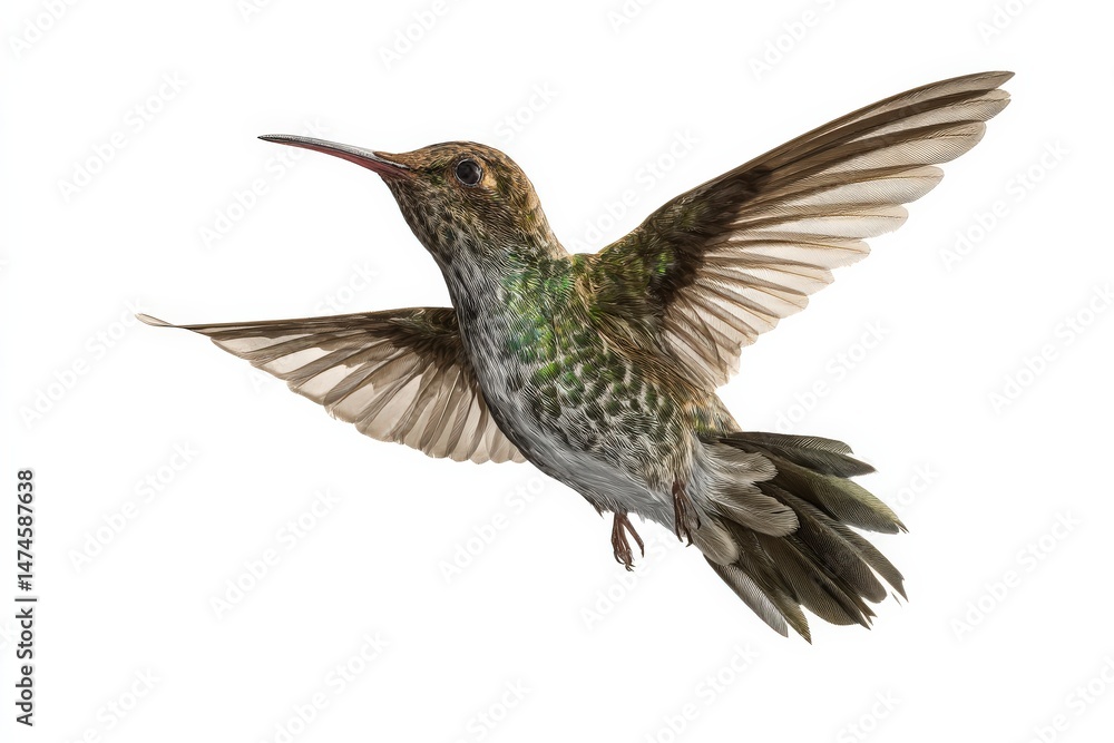 Obraz premium A hummingbird in flight, wings spread wide, showcasing its iridescent feathers against a stark white background.