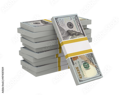 American dollar bills on white background. Isolated 3D illustration