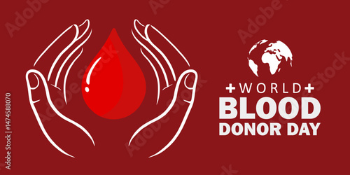 World Blood Donor Day Concept with Hands Holding Blood Drop on a dark red background. Suitable for health campaigns, medical posters, and donor event promotions. Vector Illustration