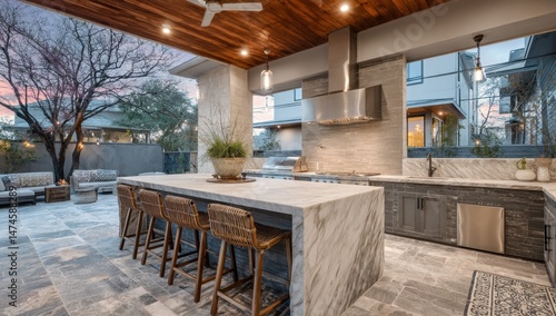 Outdoor kitchen design with island seating area