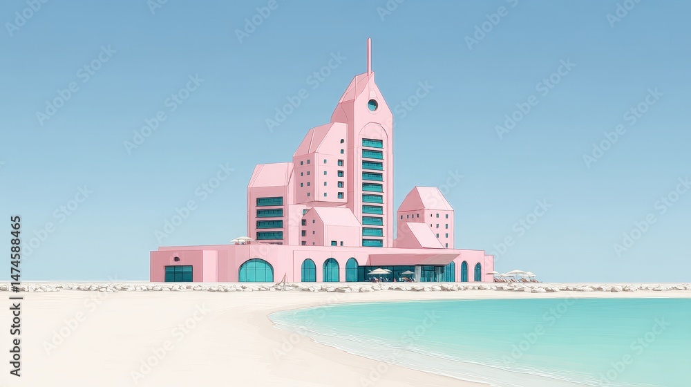 Fototapeta premium Pink Beach Resort with Modern Architecture and Sleek Design by Turquoise Water and White Sand