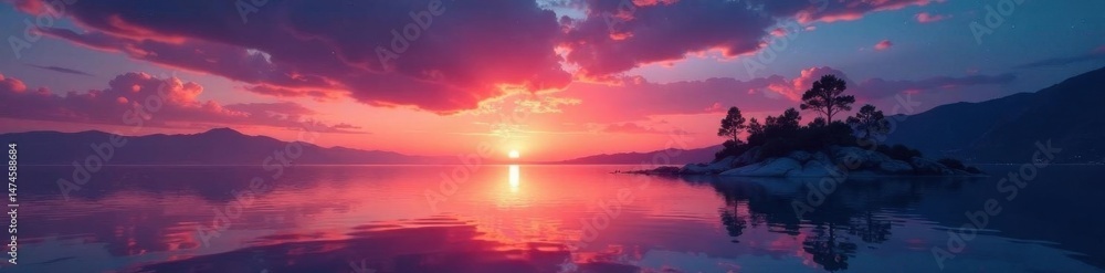 Fototapeta premium Vibrant sunset hues paint the sky, stars reflected in tranquil archipelago waters, view, water, stars