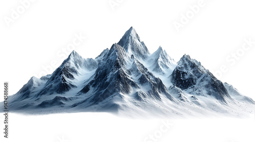 Digitally rendered image of a majestic snow-capped mountain range, featuring detailed textures and lighting effects.