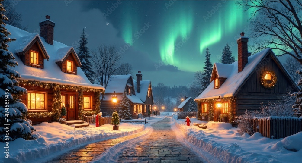Obraz premium Enchanted Christmas Village at Night with Northern Lights