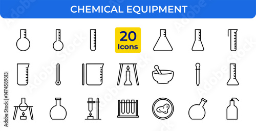 Chemical Equipment Laboratory Vector Icon Set - Science, Chemistry, Education, Research, Outline, Beaker, Test Tube, Flask, Microscope, Bunsen Burner, Atom, Molecule Icons - Editable Line Weight