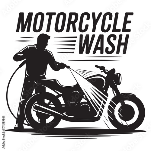 Silhouette of Man washing a motorcycle with high pressure washer. Spraying water from the hose.of motorcycle wash Vector Black silhouette. with white background