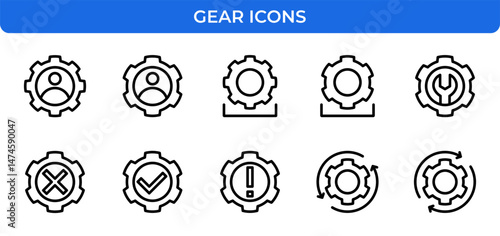 Gear Settings Process System Vector Icon Set - Business, Technology, Options, Outline, Cog, Tool, Control, Customization, Mechanism, Preferences Icons - Editable Line Weight