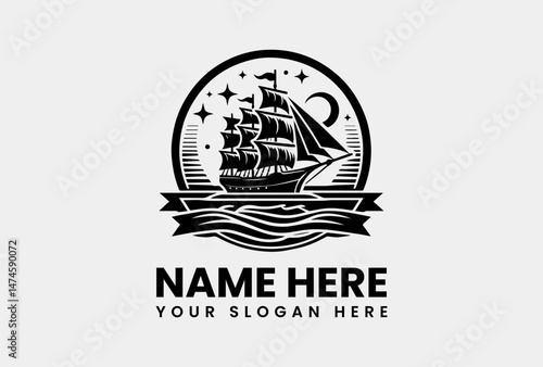 Stylized Sailing Ship Vector Graphic. Nautical Adventure Vector Logo Design