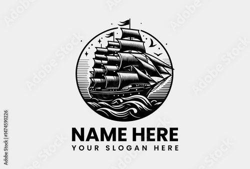 Monochrome Sailing Ship Illustration. Minimalist Maritime Vector Logo  Art