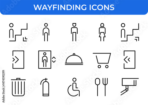 Wayfinding Navigation Public Direction Line Icons Set Building Service Travel Outline Vector Editable Stroke Easy to Edit Flat Icons Symbol