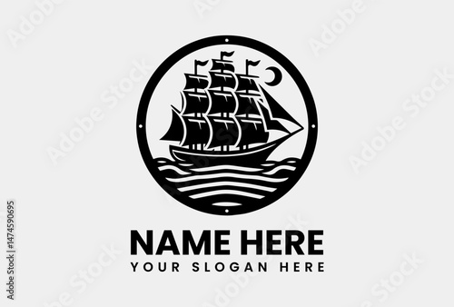 Bold Sailing Ship on Waves Graphic. Adventure Voyage Vector Logo Design