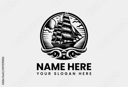 Bold Sailing Ship on Waves Graphic. Adventure Voyage Vector Logo Design