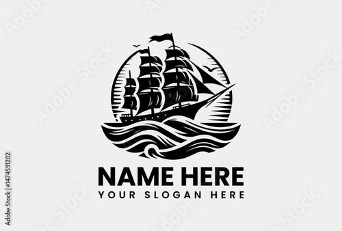 Detailed Sailing Ship Silhouette Vector Logo Classic Nautical Motif