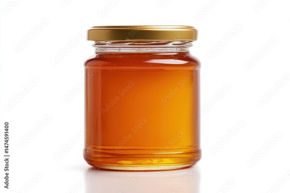 A jar of golden honey, ready to be enjoyed. A jar of golden honey, ready to be enjoyed.