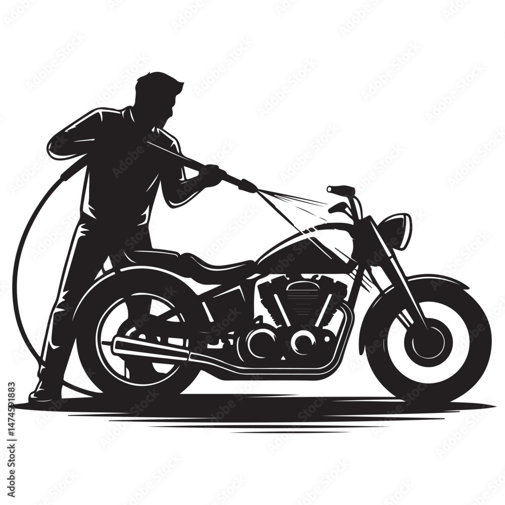 Fototapeta premium Silhouette of Man washing a motorcycle with high pressure washer. Spraying water from the hose.of motorcycle wash Vector Black silhouette. with white background