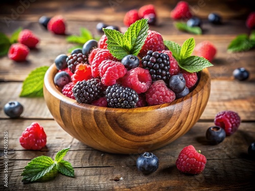 Rustic Wooden Bowl of Fresh Raspberries and Blackberries - Summer Berries