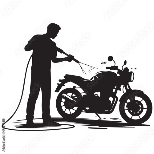 Silhouette of Man washing a motorcycle with high pressure washer. Spraying water from the hose.of motorcycle wash Vector Black silhouette. with white background