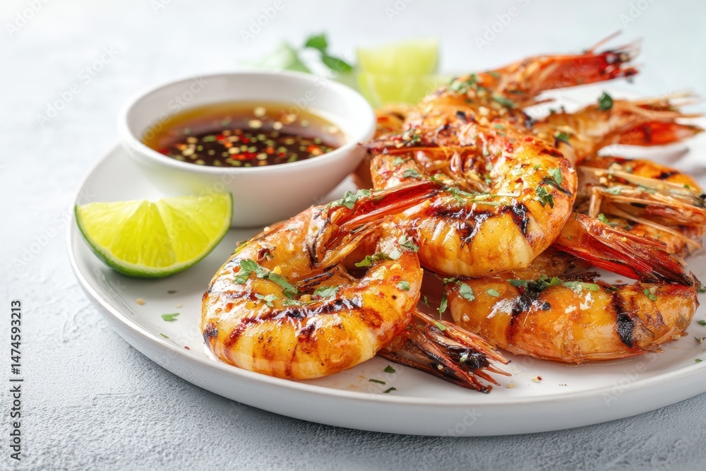 Grilled Shrimp Platter with Lime & Dipping Sauce - Seafood Appetizer Grilled Shrimp Platter with Lime & Dipping Sauce - Seafood Appetizer