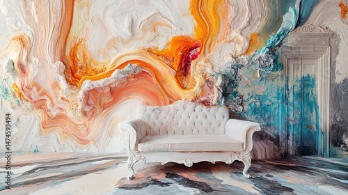 White couch in room with abstract orange and blue wall art background.