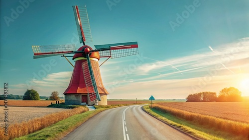 Scenic Country Road with Windmill, Rule of Thirds Composition, Dutch Landscape