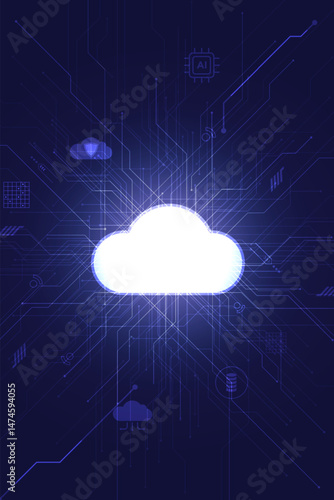 Glowing cloud icon with AI, server, and cybersecurity elements on futuristic digital circuit background. Represents cloud computing, data transfer, and next-gen network technology.
