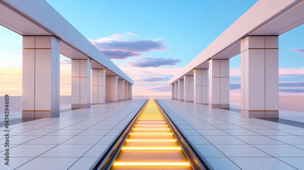 Obraz premium Futuristic train station with glowing tracks, modern architecture, sunrise sky, and calm atmosphere