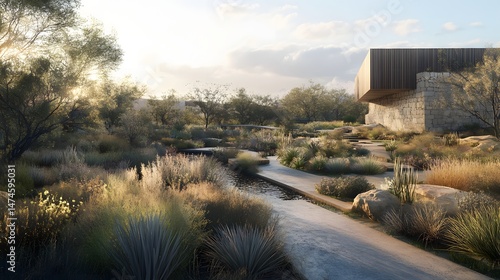 Modern landscaping design featuring desert plants.