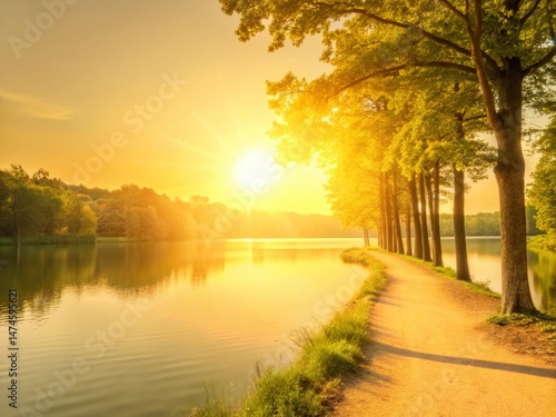 Serene Forest Lake Path: Sunlight Dappled Nature Trail Stock Photo