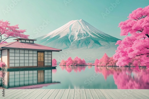 Serene Japanese Lakeside House with Majestic Mount Fuji View - Stock Photo