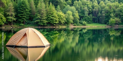 Serene Lakeside Camping: Single Tent in Peaceful Forest - Stock Photo