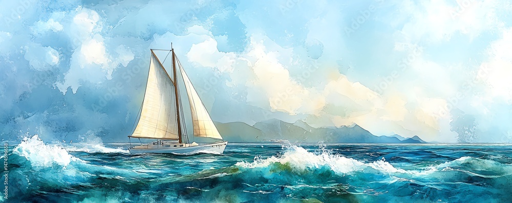 Sailboat on ocean waves, scenic seascape painting.