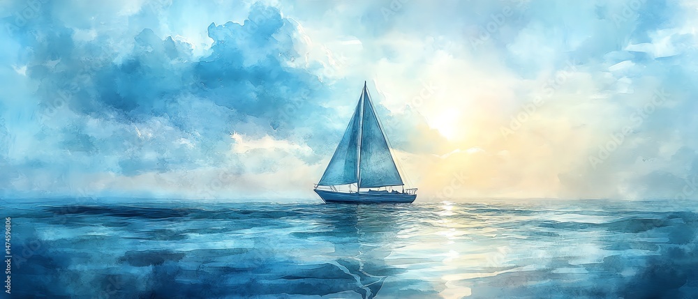 Serene sailboat at sunset, watercolor painting.