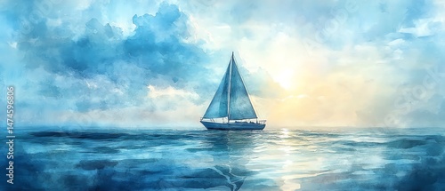 Obraz na płótnie Serene sailboat at sunset, watercolor painting. w salonie
