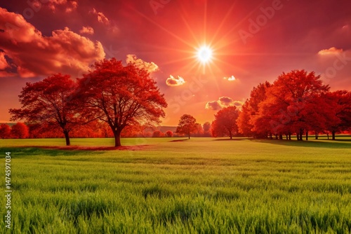Serene Meadow Landscape: Lush Green Field, Partly Cloudy Sky, Tranquil Rural Scene