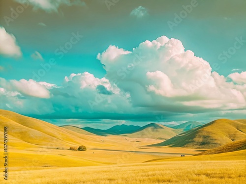 Serene Minimalist Mountain Landscape: Lush Green Hills under Cloudy Sky