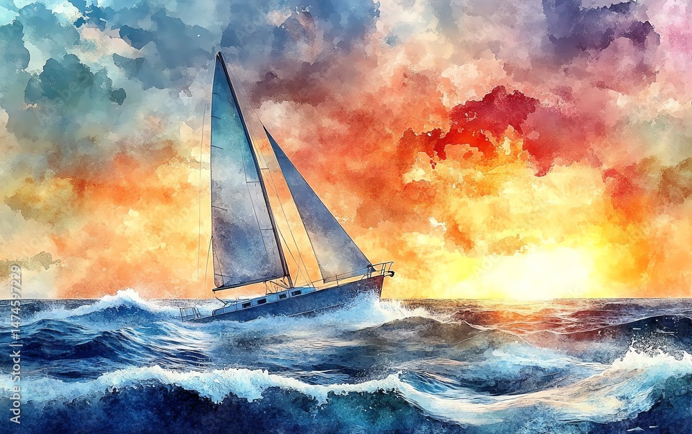 Generative AI watercolor seascape with a boat sailing under a vibrant summer sky, soft waves, and a serene ocean horizon, evoking a sense of adventure and tranquility