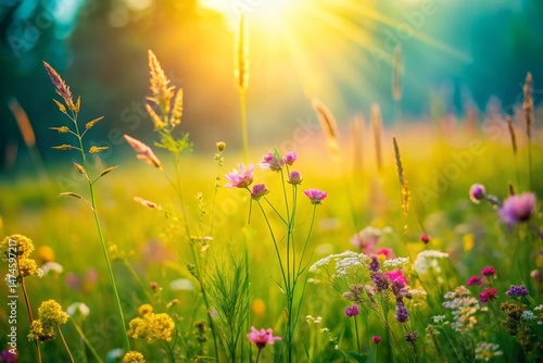 Serene Morning Meadow: Minimalist Grass & Flowers Stock Photo