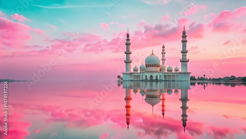 Serene Mosque at Sunset: Double Exposure of Colorful Sky and Peaceful Architecture