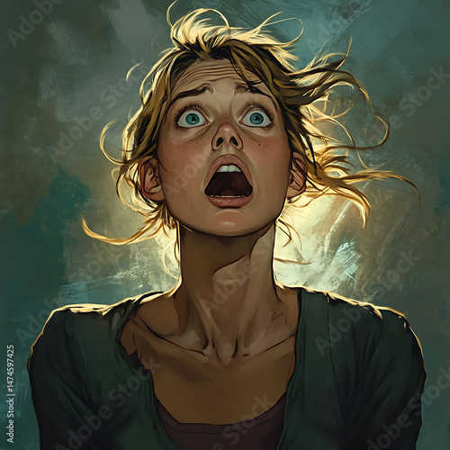 Woman looks up in terror at an unknown threat, mouth open in shock and hair flying around head.