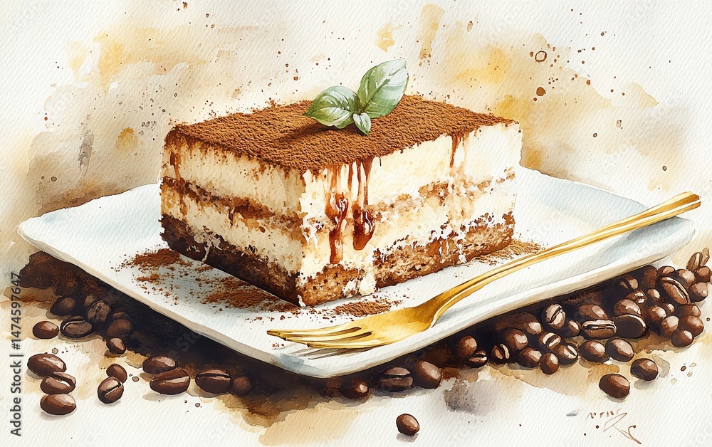 Delicious tiramisu slice on a plate with coffee beans.