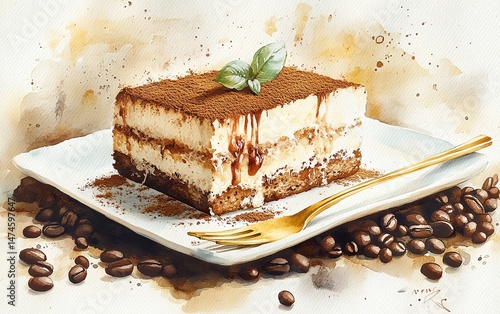 Obraz na płótnie Delicious tiramisu slice on a plate with coffee beans. w salonie