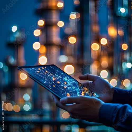 Smart industry 4.0 mangement control system concept.Hands holding tablet on blurred Chemical plant refinery industrial equipment as background