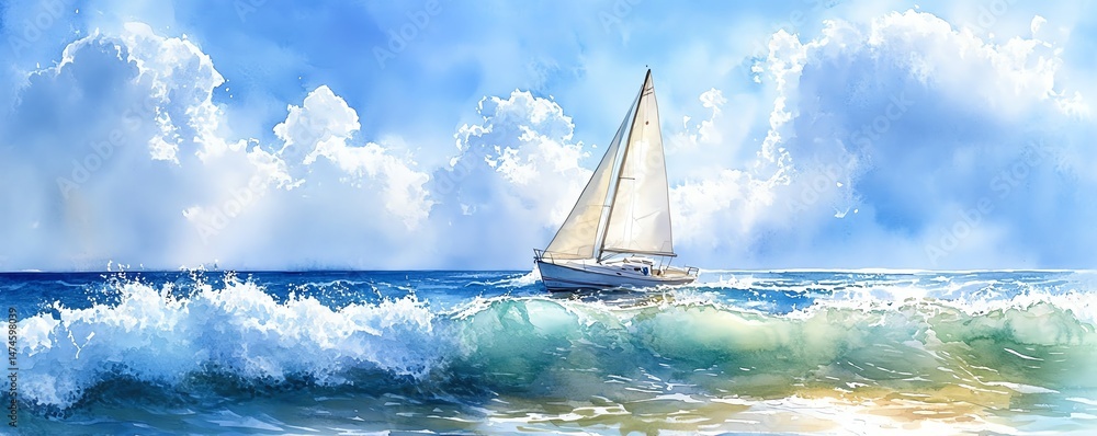 Vivid watercolor of a summer seascape with a sailboat gliding over gentle waves, showcasing a peaceful ocean background in soft, flowing aquarelle style