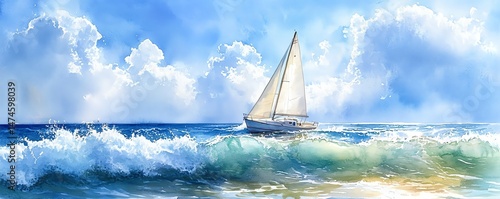 Obraz na płótnie Vivid watercolor of a summer seascape with a sailboat gliding over gentle waves, showcasing a peaceful ocean background in soft, flowing aquarelle style w salonie