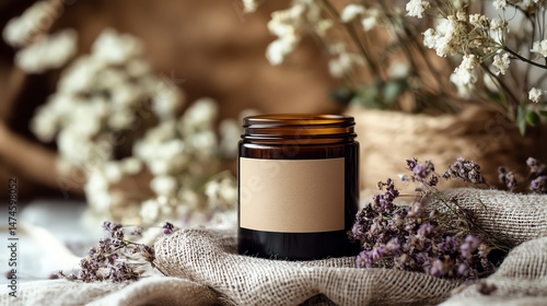 Amber glass jar with blank label rests on rustic burlap, surrounded by dried flowers.