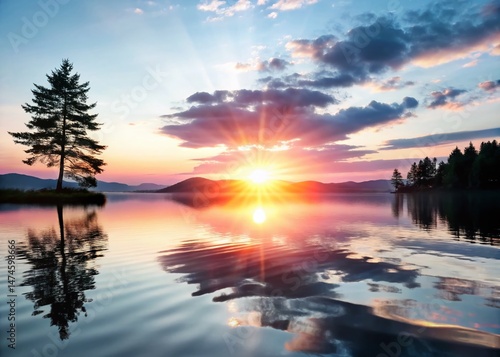 Serene Sunrise Over Tranquil Lake: Peaceful Nature Scene with Copy Space for Text