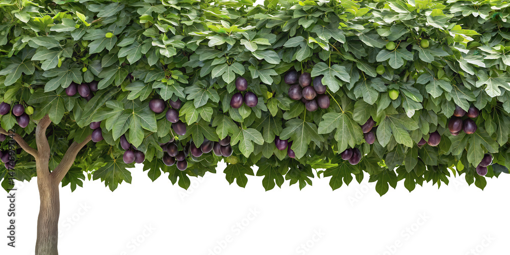 Fototapeta premium A lush fig tree with dense green leaves and clusters of ripe purple figs, isolated on transparent background.